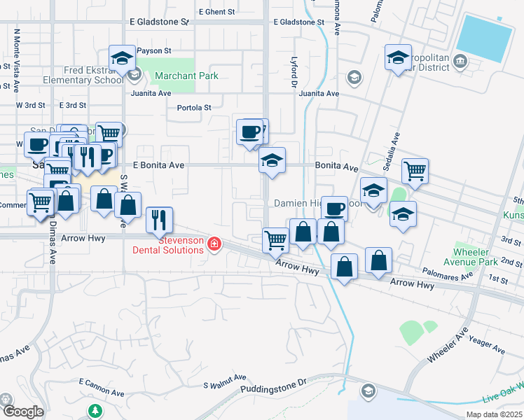 map of restaurants, bars, coffee shops, grocery stores, and more near 243 South San Dimas Canyon Road in San Dimas