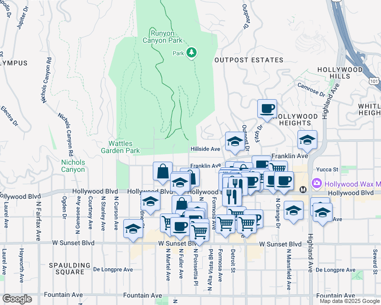 map of restaurants, bars, coffee shops, grocery stores, and more near 7280 Hillside Avenue in Los Angeles