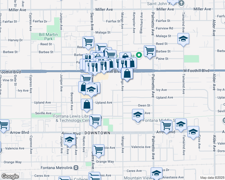 map of restaurants, bars, coffee shops, grocery stores, and more near 247 North Ivy Avenue in Monrovia