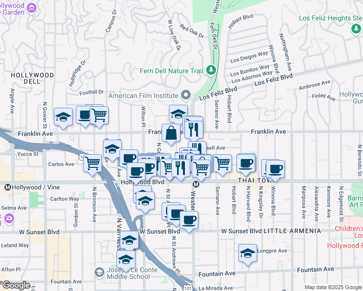 map of restaurants, bars, coffee shops, grocery stores, and more near 1817 Garfield Place in Los Angeles