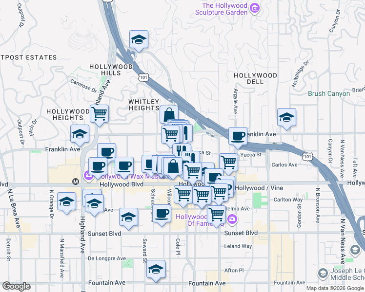 map of restaurants, bars, coffee shops, grocery stores, and more near 1809 Cahuenga Boulevard in Los Angeles