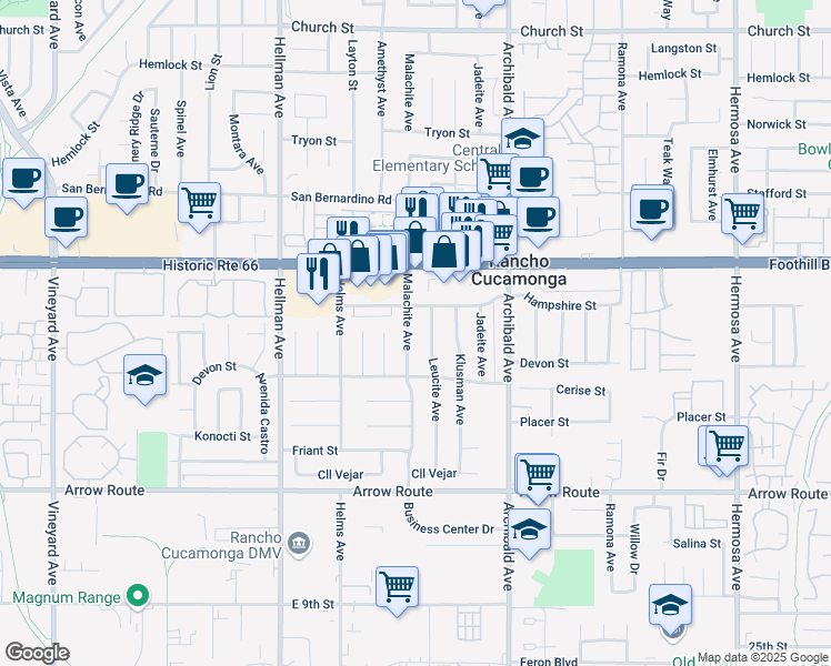 map of restaurants, bars, coffee shops, grocery stores, and more near 8241 Malachite Avenue in Rancho Cucamonga