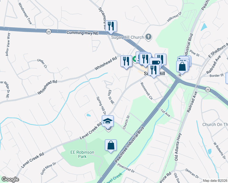 map of restaurants, bars, coffee shops, grocery stores, and more near 1052 Level Creek Road in Buford