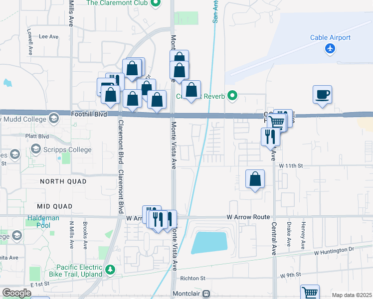 map of restaurants, bars, coffee shops, grocery stores, and more near 851 Brynlee Place in Upland
