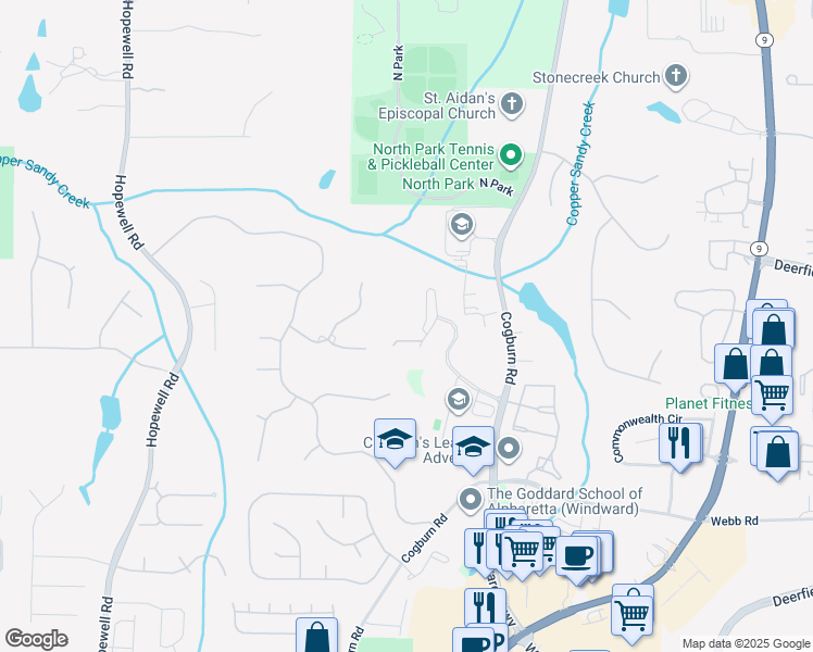 map of restaurants, bars, coffee shops, grocery stores, and more near 13080 Cogburn Road in Milton