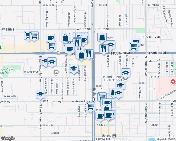 map of restaurants, bars, coffee shops, grocery stores, and more near 829 North Laurel Avenue in Upland