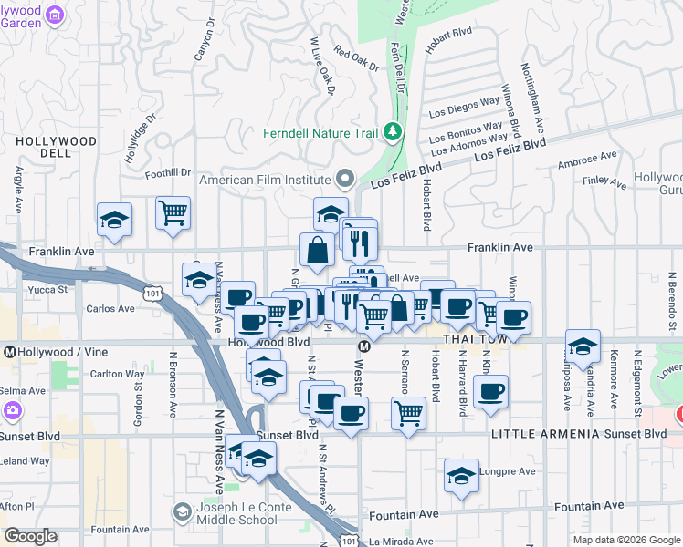 map of restaurants, bars, coffee shops, grocery stores, and more near 1825 North Western Avenue in Los Angeles