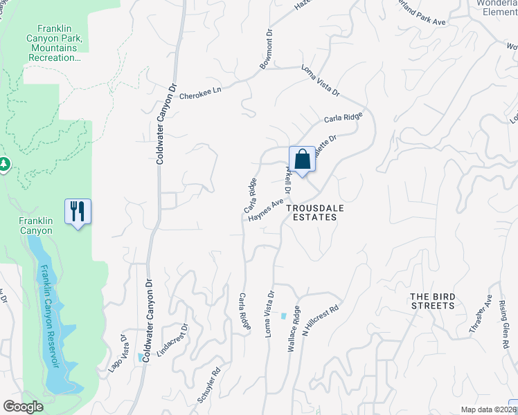 map of restaurants, bars, coffee shops, grocery stores, and more near 1610 Carla Ridge in Beverly Hills