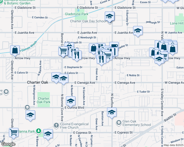map of restaurants, bars, coffee shops, grocery stores, and more near 5040 North Lyman Avenue in Covina