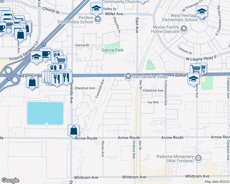 map of restaurants, bars, coffee shops, grocery stores, and more near 13170 Winslow Drive in Rancho Cucamonga