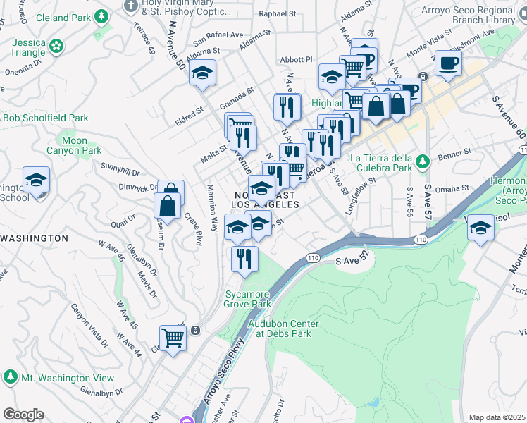 map of restaurants, bars, coffee shops, grocery stores, and more near 118 South Avenue 50 in Los Angeles