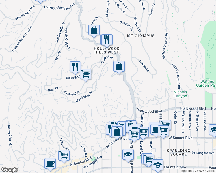 map of restaurants, bars, coffee shops, grocery stores, and more near 1919 North Crescent Heights Boulevard in Los Angeles