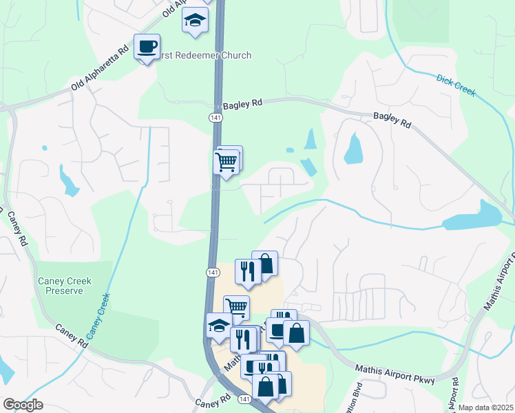 map of restaurants, bars, coffee shops, grocery stores, and more near 2540 Wentwood Court in Cumming