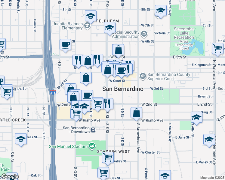 map of restaurants, bars, coffee shops, grocery stores, and more near in San Bernardino