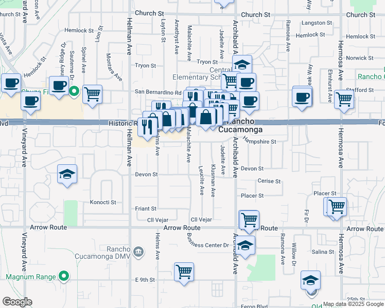 map of restaurants, bars, coffee shops, grocery stores, and more near 8241 Malachite Avenue in Rancho Cucamonga