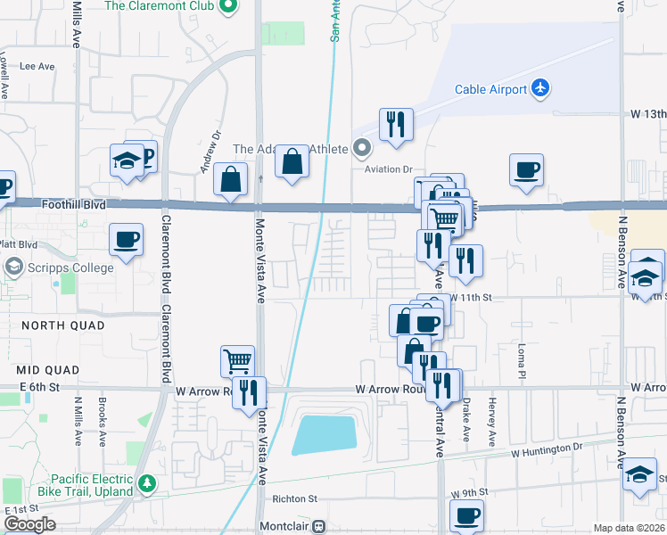 map of restaurants, bars, coffee shops, grocery stores, and more near 2218 Rose Garden Court in Upland