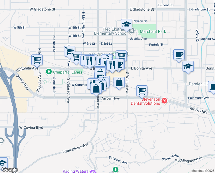 map of restaurants, bars, coffee shops, grocery stores, and more near 195 East Arrow Highway in San Dimas