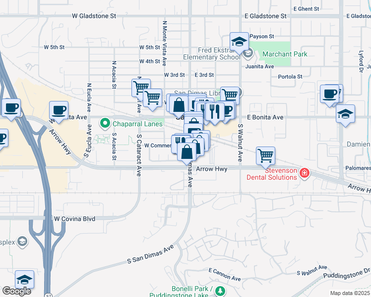map of restaurants, bars, coffee shops, grocery stores, and more near 380 South San Dimas Avenue in San Dimas
