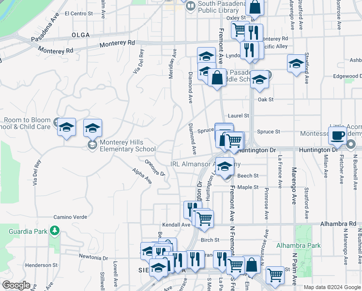 map of restaurants, bars, coffee shops, grocery stores, and more near 1124 Pine Street in South Pasadena