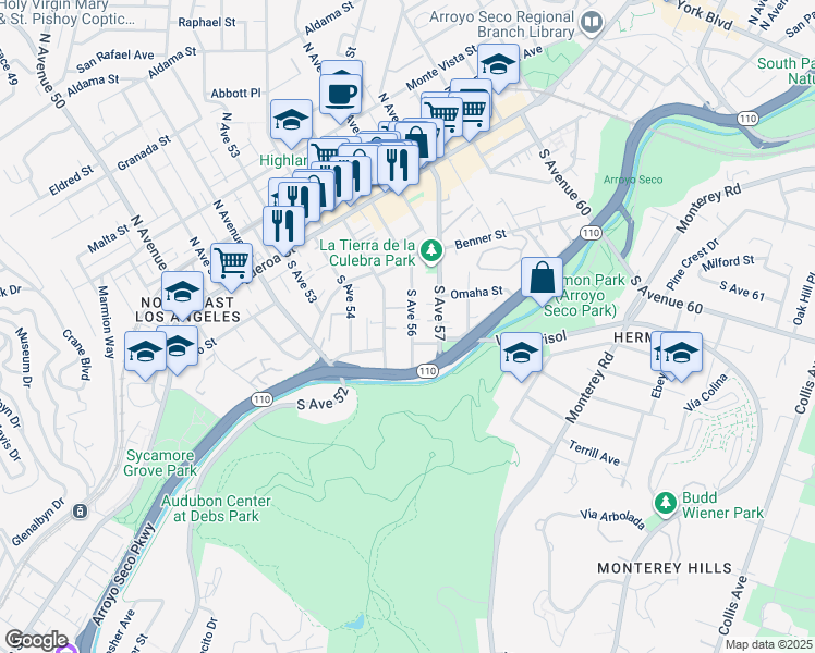 map of restaurants, bars, coffee shops, grocery stores, and more near 273 South Avenue 55 in Los Angeles
