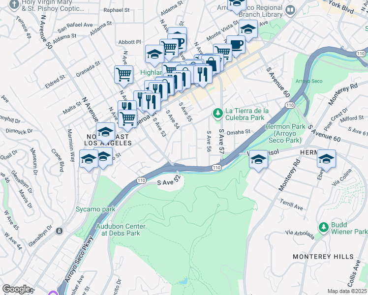 map of restaurants, bars, coffee shops, grocery stores, and more near 265 South Avenue 54 in Los Angeles