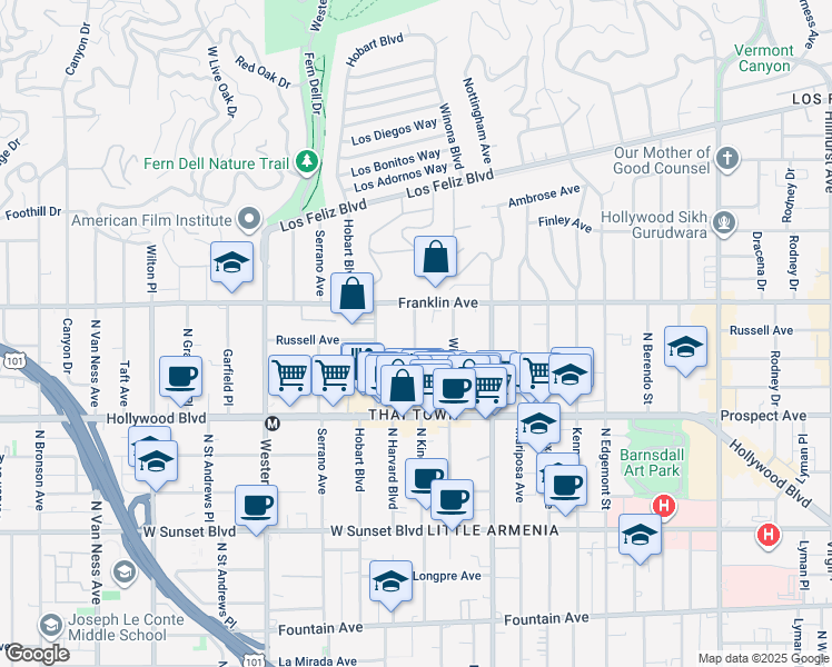 map of restaurants, bars, coffee shops, grocery stores, and more near 1813 North Kingsley Drive in Los Angeles