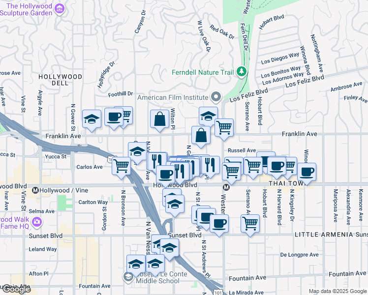map of restaurants, bars, coffee shops, grocery stores, and more near 1825 North Gramercy Place in Los Angeles