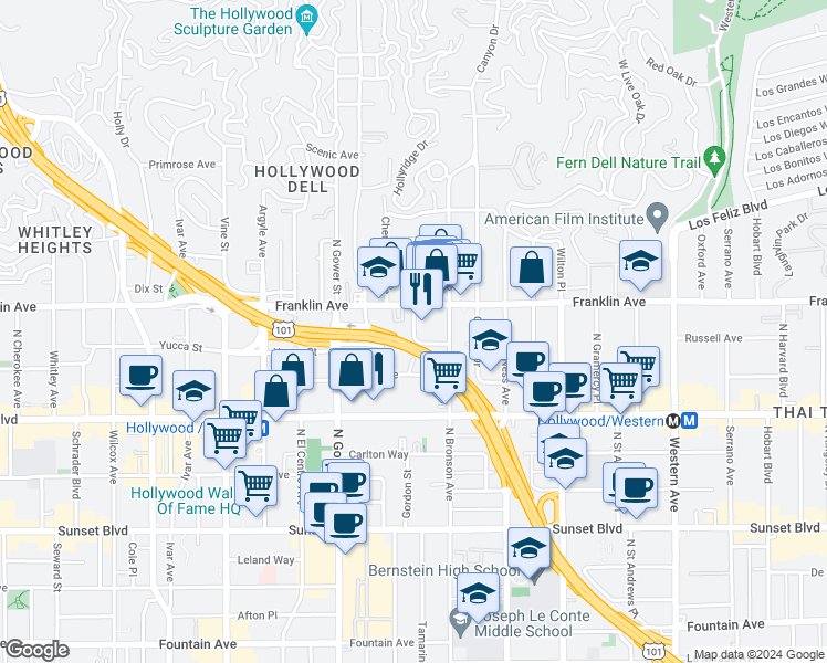 map of restaurants, bars, coffee shops, grocery stores, and more near 1811 Tamarind Avenue in Los Angeles