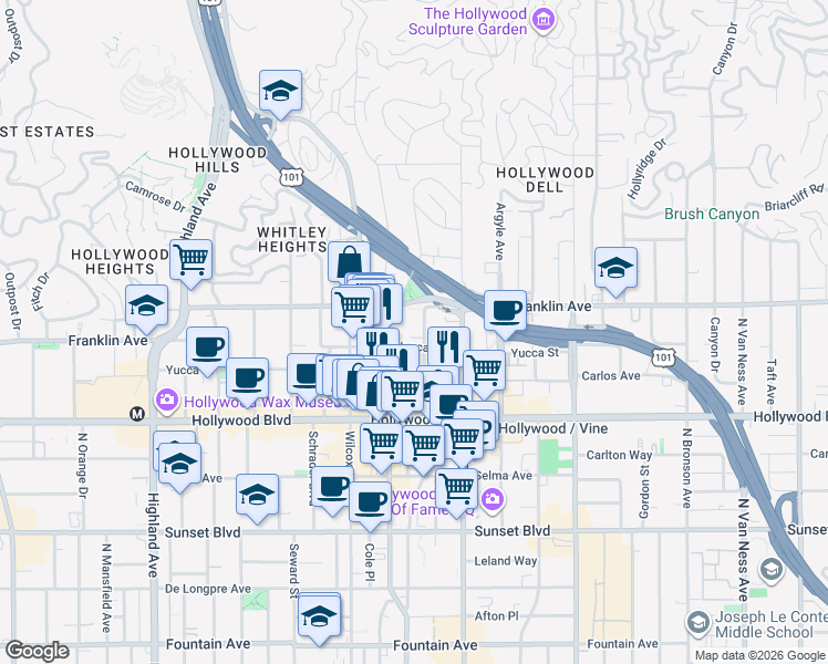 map of restaurants, bars, coffee shops, grocery stores, and more near 6373 Yucca Street in Los Angeles