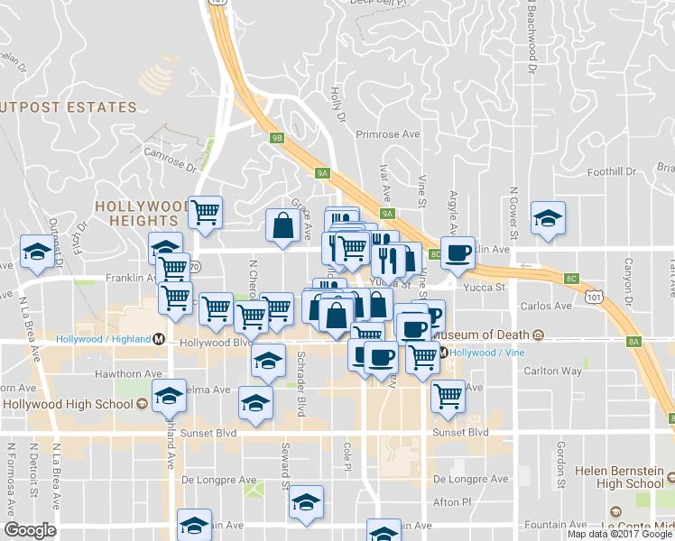 map of restaurants, bars, coffee shops, grocery stores, and more near 6434 Yucca Street in Los Angeles