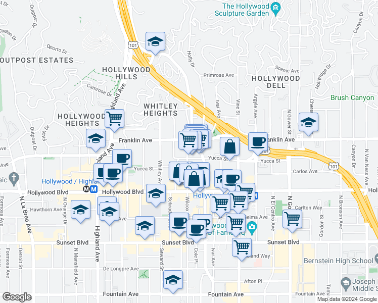 map of restaurants, bars, coffee shops, grocery stores, and more near 6434 Yucca Street in Los Angeles