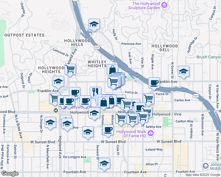 map of restaurants, bars, coffee shops, grocery stores, and more near 1492 Grace Avenue in Los Angeles