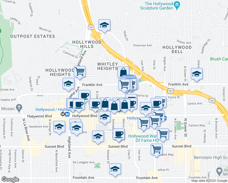 map of restaurants, bars, coffee shops, grocery stores, and more near 1492 Grace Avenue in Los Angeles