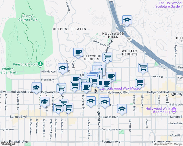 map of restaurants, bars, coffee shops, grocery stores, and more near in Los Angeles