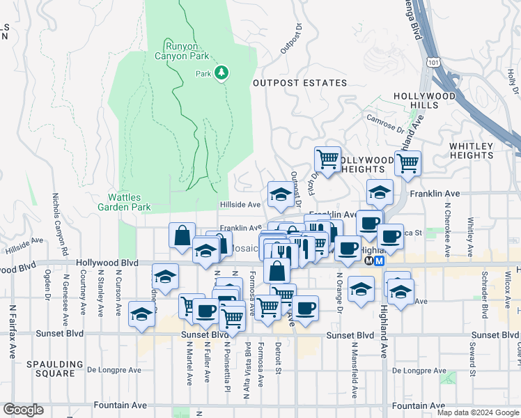 map of restaurants, bars, coffee shops, grocery stores, and more near 1837 North La Brea Avenue in Los Angeles
