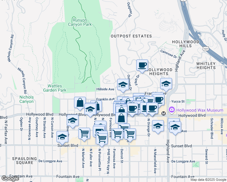 map of restaurants, bars, coffee shops, grocery stores, and more near 7231 Franklin Avenue in Los Angeles