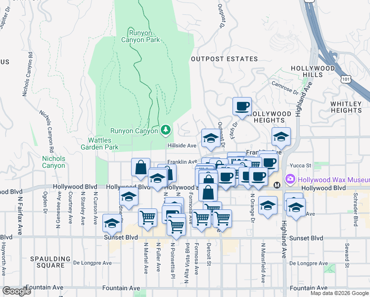 map of restaurants, bars, coffee shops, grocery stores, and more near 7231 Franklin Avenue in Los Angeles