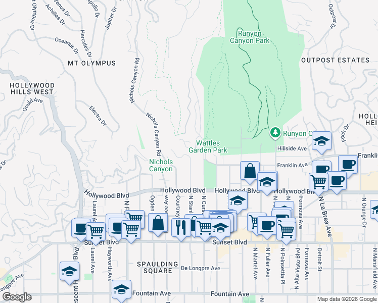 map of restaurants, bars, coffee shops, grocery stores, and more near 1816 North Stanley Avenue in West Hollywood