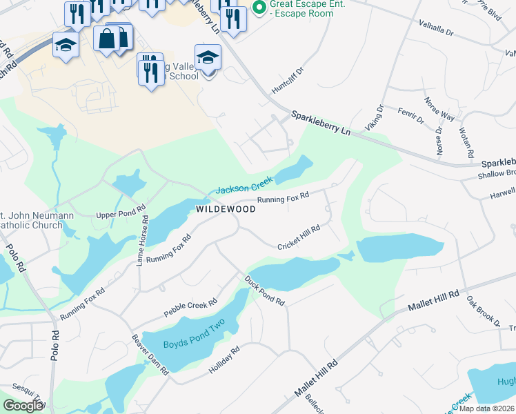 map of restaurants, bars, coffee shops, grocery stores, and more near 120 Running Fox Road in Columbia