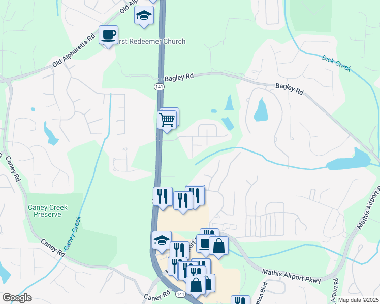 map of restaurants, bars, coffee shops, grocery stores, and more near 2540 Wentwood Court in Cumming