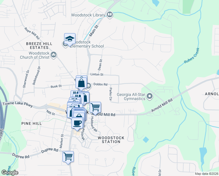 map of restaurants, bars, coffee shops, grocery stores, and more near River Park Crossing in Woodstock