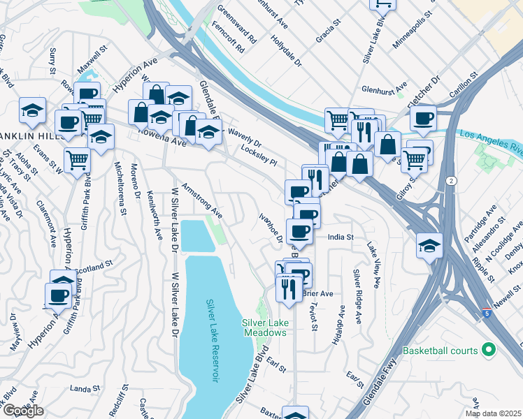 map of restaurants, bars, coffee shops, grocery stores, and more near 2531 Silver Lake Terrace in Los Angeles