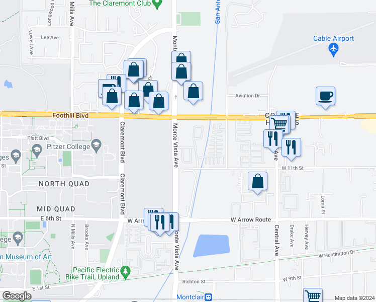 map of restaurants, bars, coffee shops, grocery stores, and more near 851 Brynlee Place in Upland