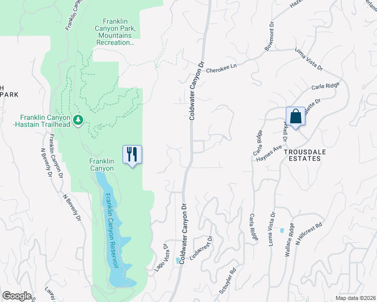 map of restaurants, bars, coffee shops, grocery stores, and more near 1845 Coldwater Canyon Drive in Beverly Hills