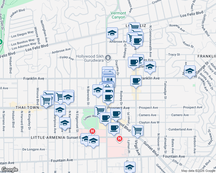 map of restaurants, bars, coffee shops, grocery stores, and more near 1824 North Vermont Avenue in Los Angeles