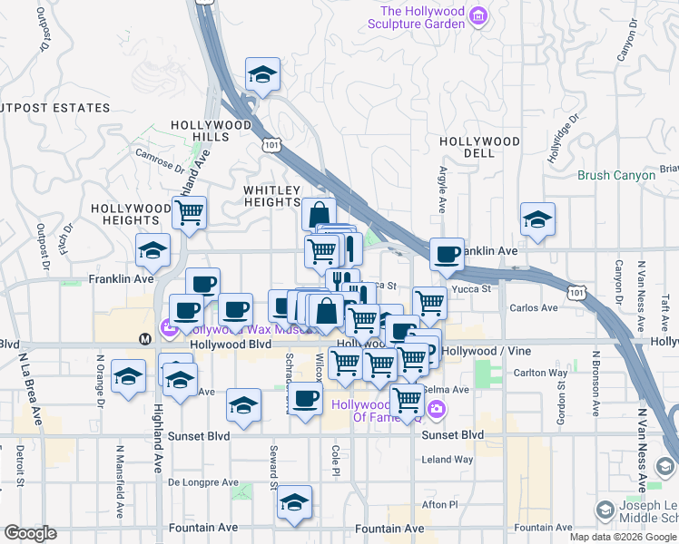 map of restaurants, bars, coffee shops, grocery stores, and more near 1809 Cahuenga Boulevard in Los Angeles