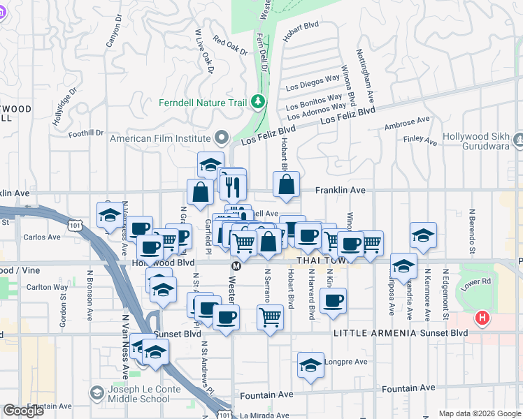 map of restaurants, bars, coffee shops, grocery stores, and more near 5407 Russell Avenue in Los Angeles