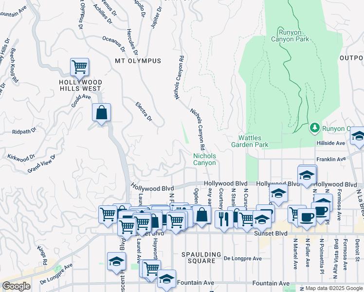 map of restaurants, bars, coffee shops, grocery stores, and more near 7828 West Granito Drive in Los Angeles