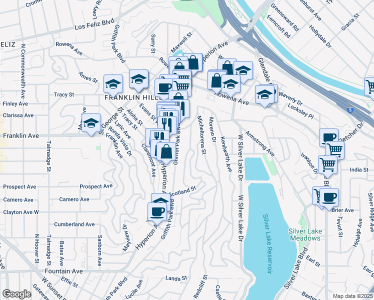 map of restaurants, bars, coffee shops, grocery stores, and more near 2463 Meadow Valley Terrace in Los Angeles