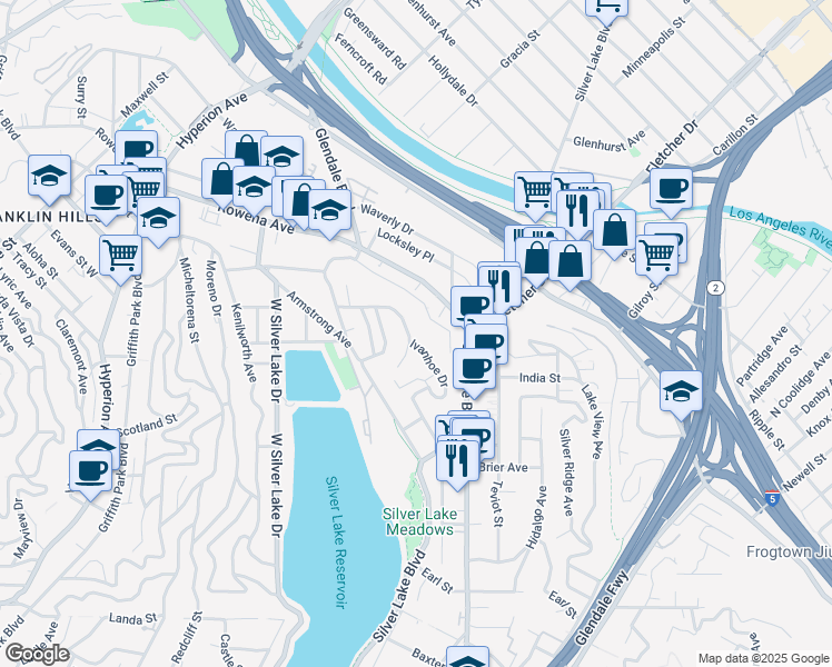 map of restaurants, bars, coffee shops, grocery stores, and more near 2557 Ivanhoe Drive in Los Angeles
